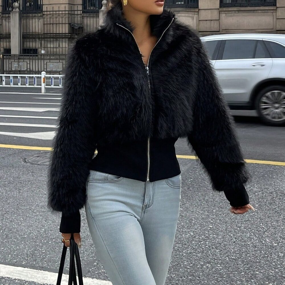 Black Casual Women's Minimalist Y2k Long Sleeve Faux Fur Jacket - Picture 4 of 8